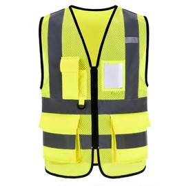 High Visibility Safety Vest with Reflective Strips, Multi-Pocket Design, Available in Yellow, Orange, Pink (Yellow, XL)