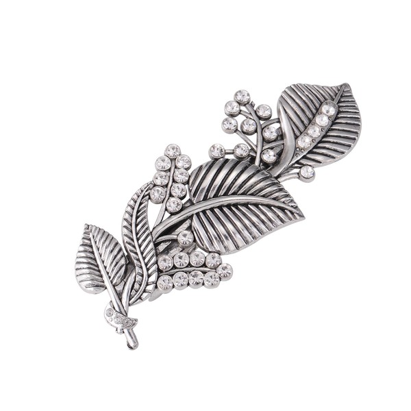 Dreamtimes Oak Leaf Hair Clip Zircon Round Hand Cast Metal Barrette Large Hand Crafted Barrette French Hair Clip Vintage Protective Hair Clip Barrettes for Women (Silver)