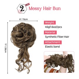 HOOJIH Messy Bun Hair Piece, 2PCS Tousled Updo with Tendrils Bun Extensions Wavy Curly Hair Wrap Ponytail Hairpieces Thick Scrunchies for Women - Chocolate Brown with Highlights