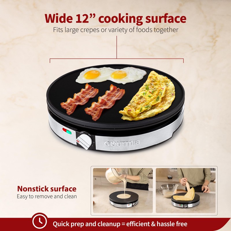 Gourmia 12” Crepe Maker – Nonstick Electric Griddle for Pancakes,