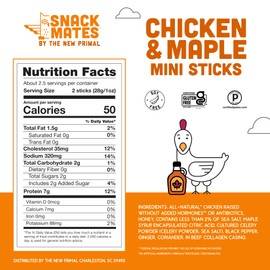 The New Primal Snack Mates Chicken & Maple Sticks, Gluten Free Healthy Snacks for Kids, Low Sugar High Protein Back to School Snacks, Mini Paleo Jerky Meat Stick, 7g Protein, 50 Calories, 40 Pack