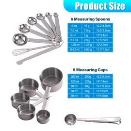 14 Piece Measuring Cups and Spoons set - Stainless Steel Measuring Cups - 5 Stainless Steel Nesting Measuring Cups & 6 Measuring Spoons, 1 Coffee Scoop & 1 Leveler & 1 Mini Blender for Cooking,Baking