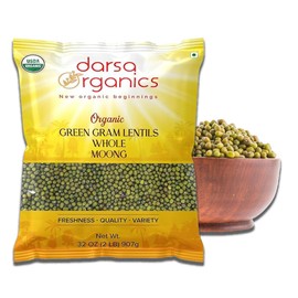 Darsa Organics Green Beans Whole Moong - 2 lb, USDA Organic Mung Beans for Cooking & Sprouting | Non-GMO Green Lentils, Protein Rich Organic Green Gram, Kosher, Gluten-Free