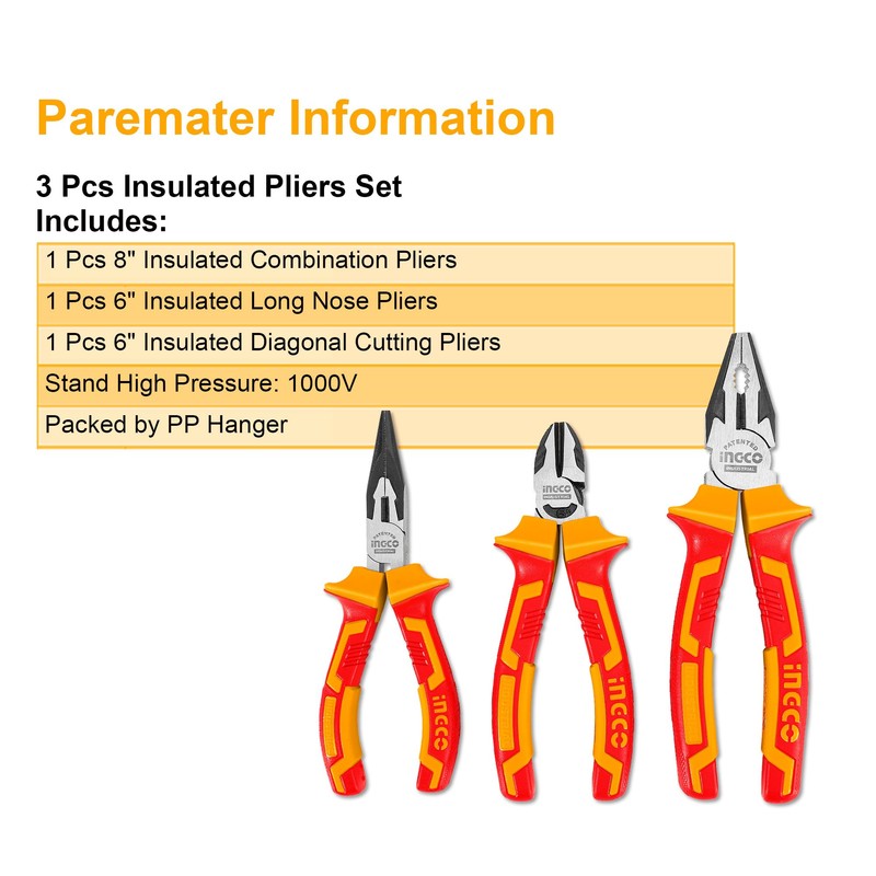 INGCO 3Pcs 1000V VDE Insulated Plier Set, 8" Insulated Combination