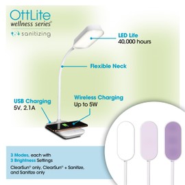 OttLite Achieve LED Sanitizing Desk Lamp Wireless Charging and USB Charging - Touch Activated, Flexible Neck, Modern Light for Reading, Crafting & Office Desktop