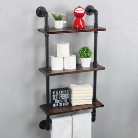 Industrial Pipe Shelf Bathroom Shelves Wall Mounted,19.6in Rustic Wood Shelf with Towel Bar,3 Tier Farmhouse Towel Rack Over Toilet,Pipe Shelving Floating Shelves Towel Holder,Retro Black