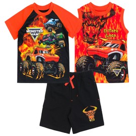 Monster Jam Grave Digger El Toro Loco Megalodon Big Boys Mix N' Match Athletic T-Shirt Tank Top French Terry Shorts 3 Piece Outfit Set Orange/Black 14-16