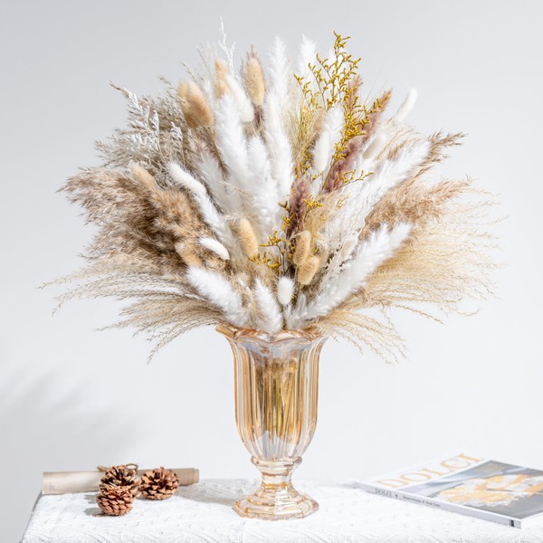 Natural Dried Pampas Grass Decor, Hicream 101 PCS Pampas Grass, Bunny Tails Dried Flowers, Reed Grass Bouquet for Wedding Boho Flowers, Long-Lasting Fall Home Table Decor, Rustic Farmhouse Party