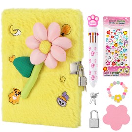 DICVUTE Pink Flower Diary with Lock,Gift for 6,7,8 Year Old Girs, Cute Flower Notebook Lined Journal with Multicolored Pen, Post-it Note, Stickers, Bracelet, Brithday Gift for 6 Year Old Girl