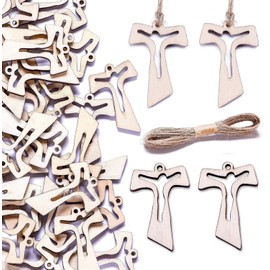 MKISHINE Pack of 55 Wooden Cross Communion Pendants + 10 m Roll Jute Decorative Wooden Tags for First Communion Favours Bags Place Cards