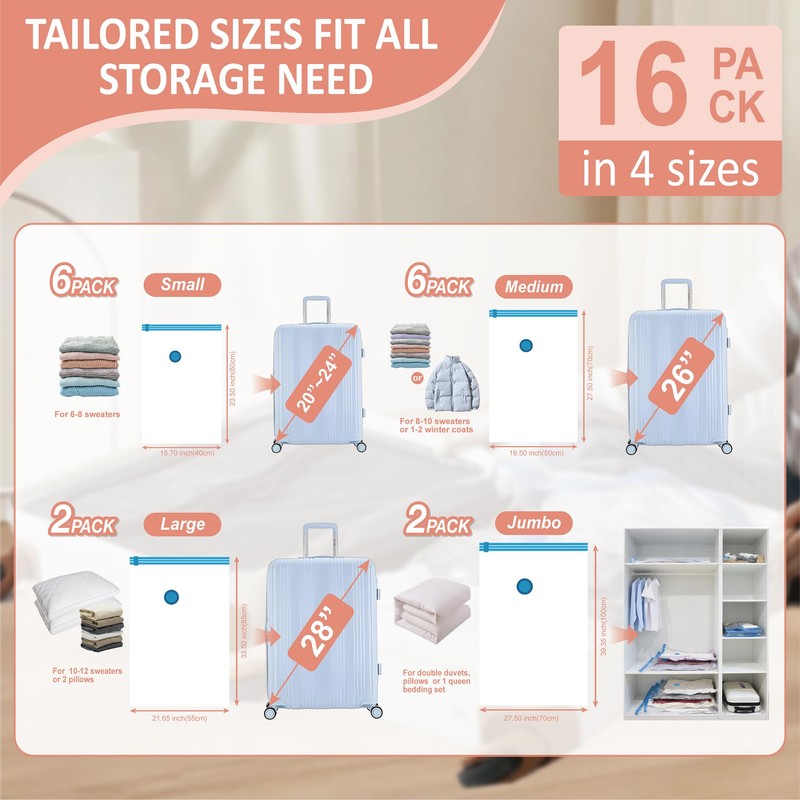 16 Pack Travel Vacuum Storage Bags with Rechargeable Wireless Electric