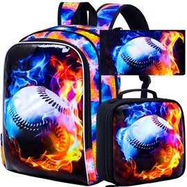 KLFVB 3PCS Boys Bookbag, 17" Kids Backpack and Lunch Box, Water Resistant Teenagers School Bag for Middle Elementary - Flame Baseball