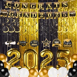 55Pcs Black and Gold 2025 Graduation Decorations Photo Backdrop Streamers Congrats Grad Banners Balloons Party Supplies for High School & College University Graduation Celebrations