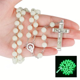 FORUBUS Glow in the Dark Rosary Necklace, Glow in the Dark Catholic Cross Beads for Women and Men, Faith Rosary Jewelry-long