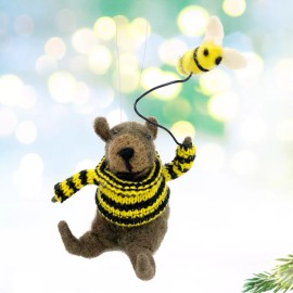 THE JOY TREE Bee Bear Ornament - Wool Bear with Honey Bee Christmas Holiday Decoration
