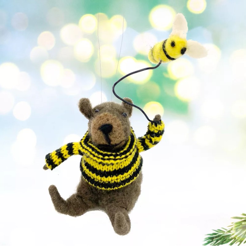 THE JOY TREE Bee Bear Ornament - Wool Bear with