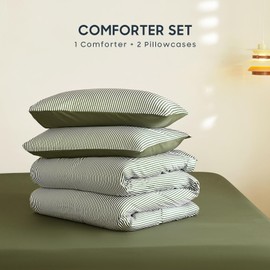 Wake In Cloud - Striped Comforter Set, Ticking Stripe Vertical Pinstripe Neutral Farmhouse Pattern Printed, Soft Lightweight Bedding, 3 Pieces, Olive Green White, Full Size