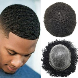 Afro Toupee For Black Men Weave Hair Units Kinky Curly African American Mens Toupee Human Hair Replacement Systems All Skin PU Mens Afro Coily Hair Piece Patch Wig(8x10", 1B OFF BLACK-AFRO WAVE 8MM)