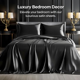 BEDELITE Satin Sheets Twin XL Size Bed Set, Luxury Soft Black Silky Sheets for Hair and Skin, Similar to Silk Bed Sheets Set 3 Pieces with 1 Deep Pocket Fitted Sheet, 1 Flat Sheet, and 1 Pillowcase