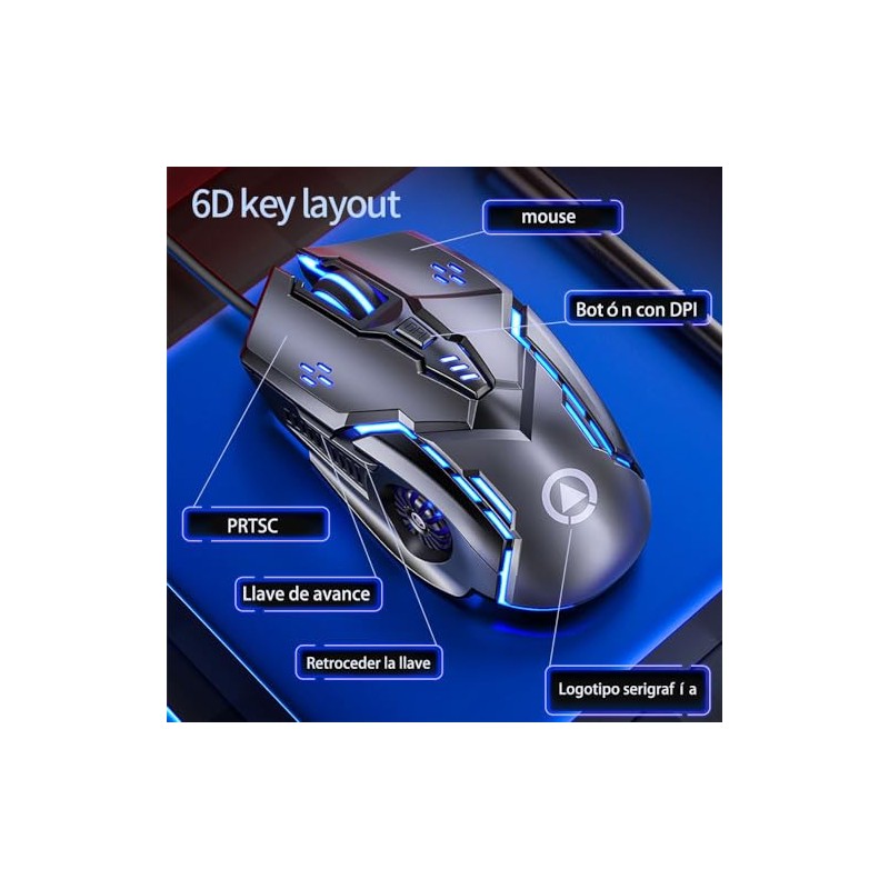 Guibell Mouse Gaming con Cable 3200 dpi,Luces LED 7 Modos,Negro
