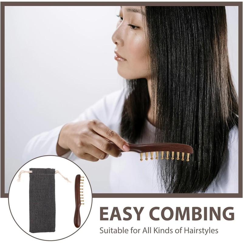 Handmade Sandalwood Scalp Massager Wide Tooth Comb with Copper Bristles