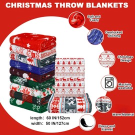 Preboun 9 Pcs Christmas Throw Blankets Bulk Soft Fleece Blanket Reindeer Santa Snowman Snowflake Plaid Holiday Printed Xmas Flannel Blanket for Winter Bedding, Couch and Gifts 50" x 60"(Classic)