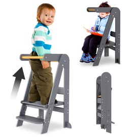 Folding Toddler Tower Kitchen Stand Helper - Standing Tower Foldable w/Safety Rail, Wall Bracket, Adjustable Height - Collapsible Nonslip Stand, Montessori Step Stool for Bathroom Counter & More