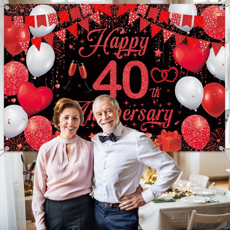 40th Wedding Anniversary Banner Backdrop - Black Red Happy 40th