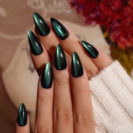 KQueenest Cat Eye Press On Nails Almond, 30 Pcs Glitter Black Emerald Green Press On Nails Medium, Dark Sparkly Fake Nails With Glue, Reusable Luxury Glue on Nails Press ons for Women, Gothic Style
