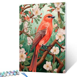 Red Bird with Leaves Floral Paint by Numbers Kits 16x20 inch Canvas DIY Oil Painting for Kids, Students, Adults Beginner with Brushes Acrylic Pigment Boho Bright Flowers Drawings Gift(without Frame)