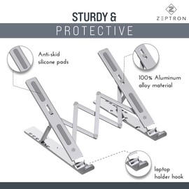 ZEPTRON Laptop Stand for Desk, 6 Level Height Adjustable Laptop Riser Aluminum Ergonomic Foldable Portable Tablet Holder, Notebook Stand for MacBook, Lenovo, Dell, HP, More 10-15.6” Laptops- Silver