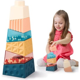 Cube Baby Stacking Toys Stacking Blocks Montessori Toys with Rattle Multi Color Stacking Rings Sensory Toys for Toddlers, 6PCS Stacking Tower Learning Education Boys and Girls