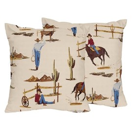 Sweet Jojo Designs Brown Western Cowboy Boy Decorative Throw Pillows Couch Bed Sofa Square Home Decor Accent Pillow Set of 2 18x18 Wild West Southern Charm Country South Horse Cow Animal Tan Red Blue