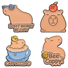 4Pcs Don't Worry Be Capy Enamel Pins Cute Animal Badges Lapel Pins Cartoon Coffee Orange Bee Capybara Brooches for Backpacks Jacket Accessories Gift