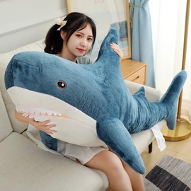 JULAN Giant Shark Plush Toy, 80-100 cm Soft Plush Shark Toy, Stuffed Toy Cushion Shark Stuffed Animal Decorative Cushion for Children's Room Decoration, Bed Time Gift (99 cm)