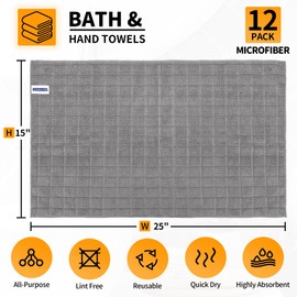HOMERHYME Hand Towels, 12 Pack 25''*15'' Microfiber Bathroom Hand Towels, Grey All-Purpose Quick Dry Lint Free Soft Absorbent Bulk Checkered Washcloths Bath Towels for Travel Gym Hotel Kitchen Salon