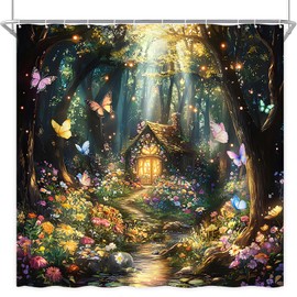 LSDTLS Fairy Forest Shower Curtain Fantasy Garden Enchanted Wonderland Tale Tree Floral Butterfly Girl Fabric Bathroom Decor Curtain Sets with Hooks (70" Wx70 H)