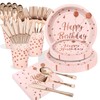 Rose Gold Birthday Plates and Napkins Set - 168PCS for 24 Guests, Elegant Pink Party Supplies with Disposable Forks, Spoons, Knives, Cups - Happy Birthday Tableware for Women & Girls