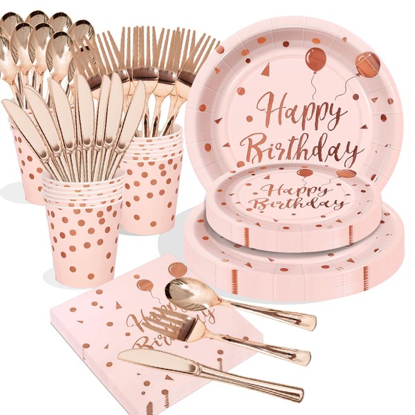 Rose Gold Birthday Plates and Napkins Set - 168PCS for