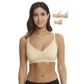 HOFISH Women's Maternity Nursing Bras Seamless 3 Pack Deep V Neck Push Up Bra for Breastfeeding with Extenders & Clips(3 Beige,S)