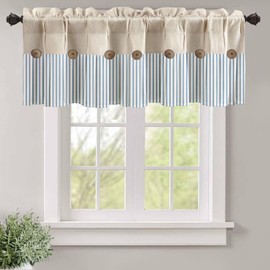 Farmhouse Kitchen Curtains Vintage Linen Window Cafe Curtains 18 Inch Length Blue Stripe Valances