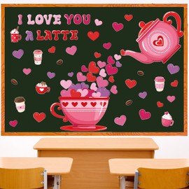 Epakh Valentines Bulletin Board Decorations Set Heart Paper Cutouts Pink Red Love Cardboard Cutouts I Love You a Latte Coffee Classroom Decorations for Door Chalkboard Wall School Party Supplies