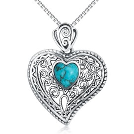 DOLIOX Genuine Heart Turquoise Necklace, Sterling Silver Native Western Vintage Boho Jewelry December Birthstone Birthdays Gift