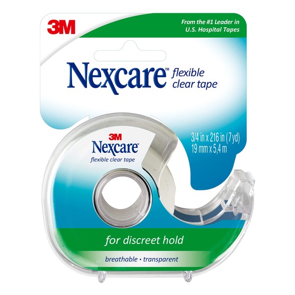 Nexcare Flexible Clear First Aid Tape, Clear and Stretchy Design Conforms To Hard To Tape Areas, 3/4 in x 7 yd, 1 Roll with Dispenser
