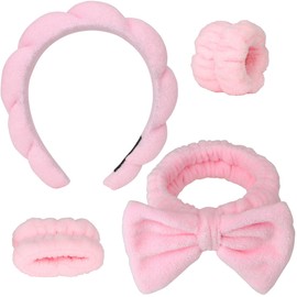 4PCS Spa Headband Hairband & Wristband Set Bow-tie Hairband with Buckled Hair Band Wrist Washband Terry Towel Cloth Headband for Washing Face Makeup Removal Skincare Pink