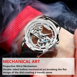 OLEVS Leather Automatic Watches for Young Men Watch Fashion Brand self Winding Watches for Men, Black-white, Flat,Mechanical