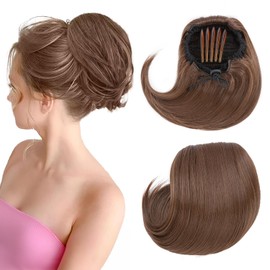 S-noilite Drawstring Hair Bun Ponytail Extensions, Short Ponytail Synthetic Comb Clip in Updo Hairpiece False Hair, 30 cm Straight Hepburn Scrunchies Bun Hairpiece, Ash Brown Mix Light Blonde