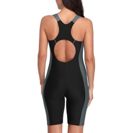 beautyin Women's Boyleg Unitard Swimsuits Racerback Athletic One Piece Bathing Suits Knee Length Bodysuits Gray Black Print Large