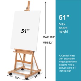 Somime H-Frame Studio Easel, Beechwood Artist Easel with Wheels and Storage Tray, Adjustable Floor Easel Stand Holding Canvas up to 51Inches for Painting, Natural