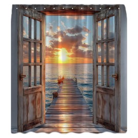 Beach Barn Door Shower Curtain Blue Ocean Hawaiian Sunset Sea Wave Nautical Coastal Seaside Scenery Retro Rustic Wood Decor Bathroom Curtains Set with Hooks